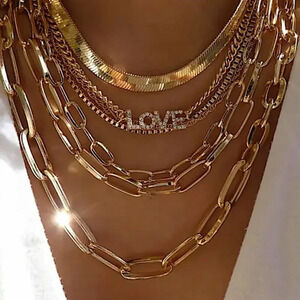 Gold Plated 18K Multilayer Necklace, Chain Link, Paperclip, Love, Zircon